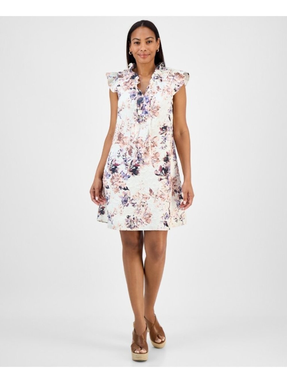 Robbie Bee Women's Printed Ruffle-Neck A-Line Dress Ivory Purple Size S $69